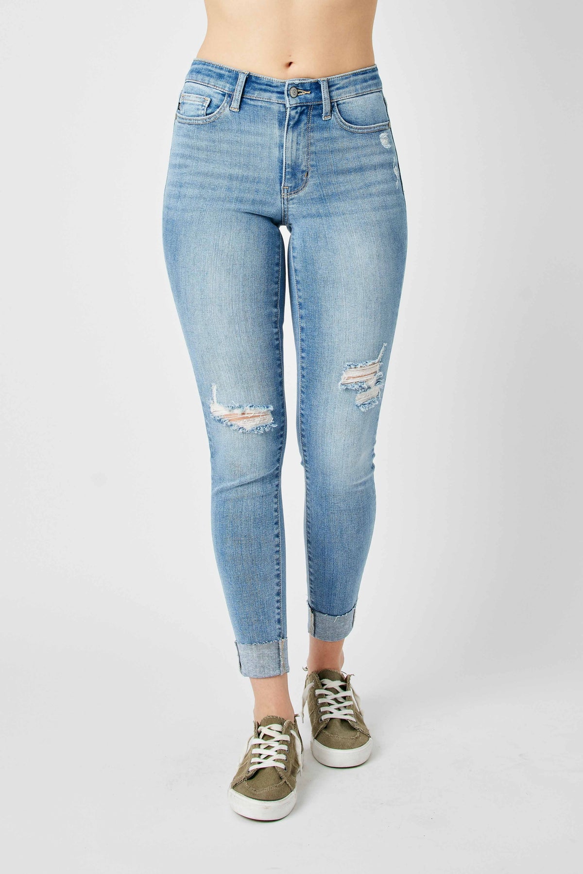 Mid Rise Distressed Skinny Jeans