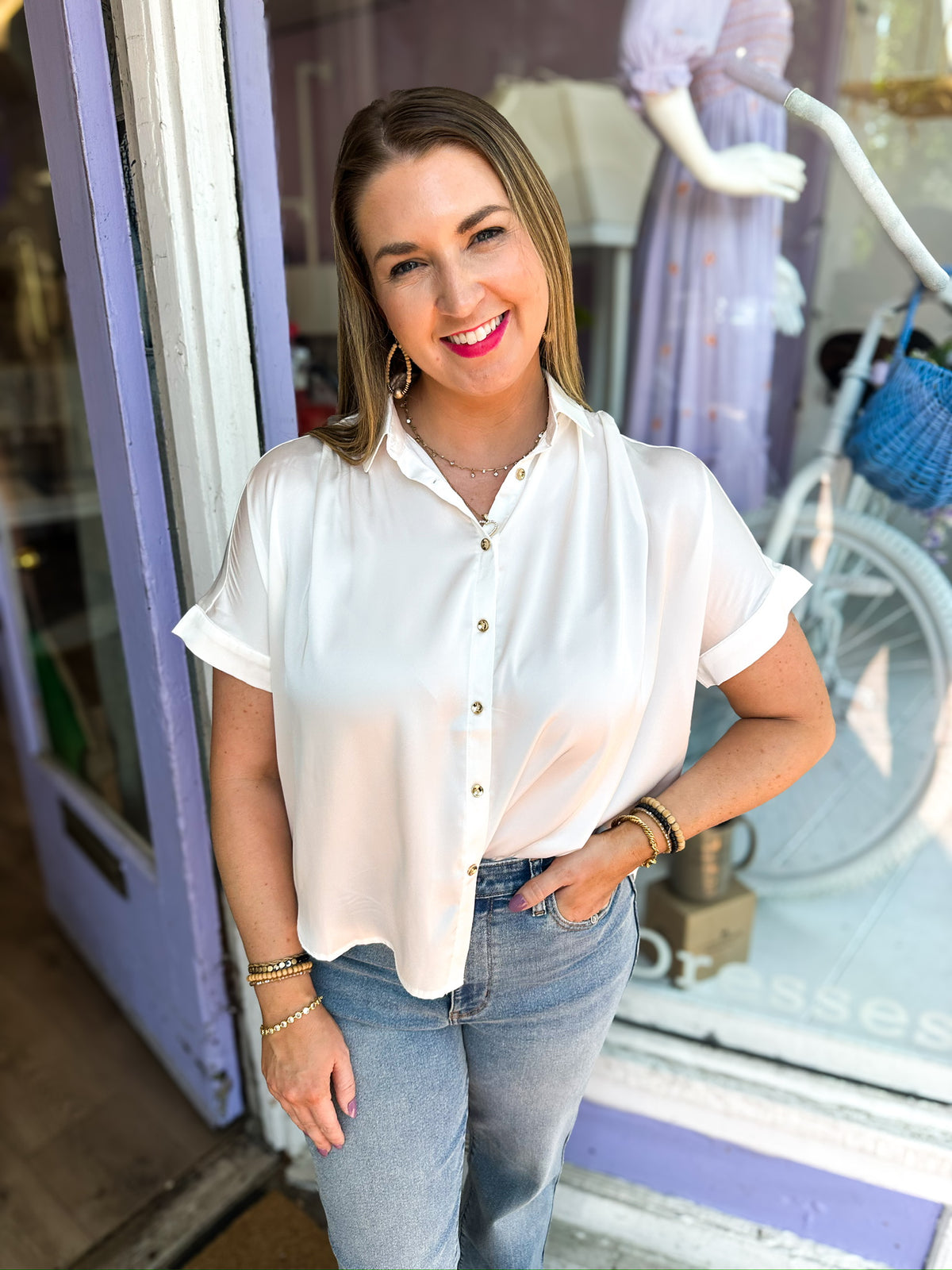 Satin Short Sleeve Button Down