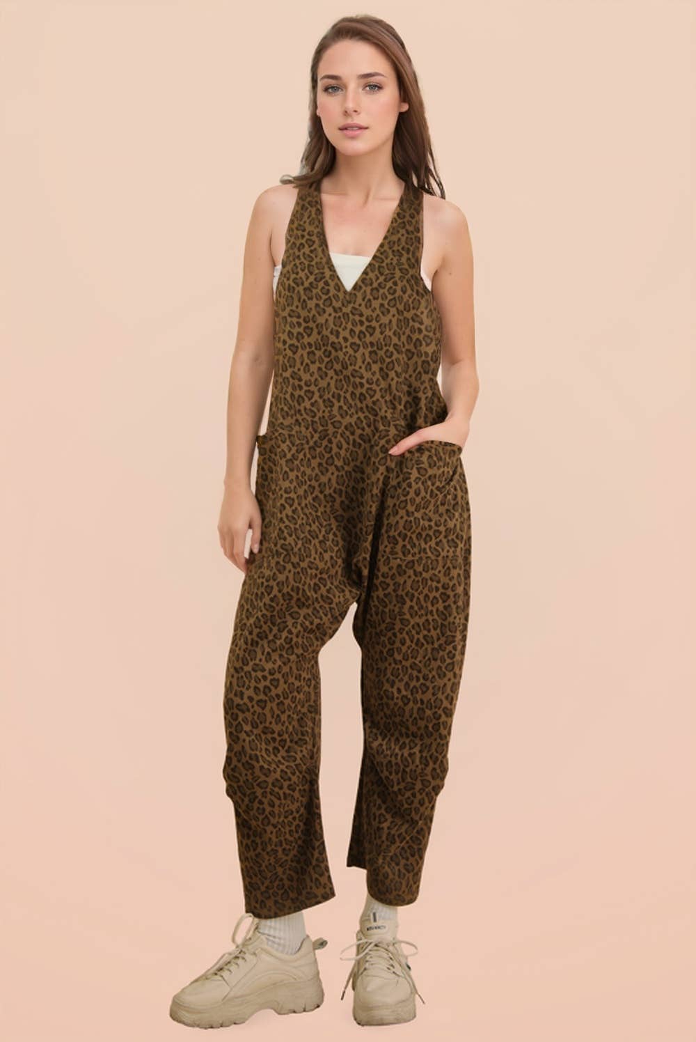 Leopard Printed Casual Knit Baggy Jumpsuit