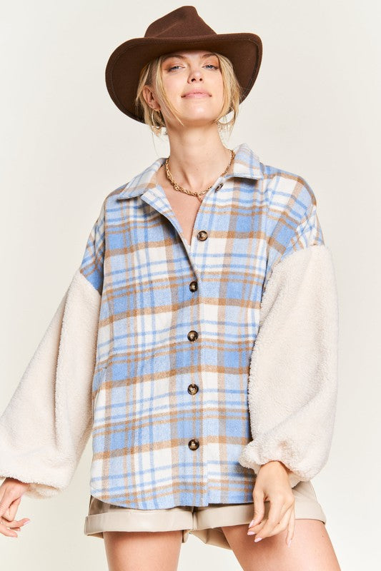 Plus Multi Plaid Fuzzy Sleeve Jacket