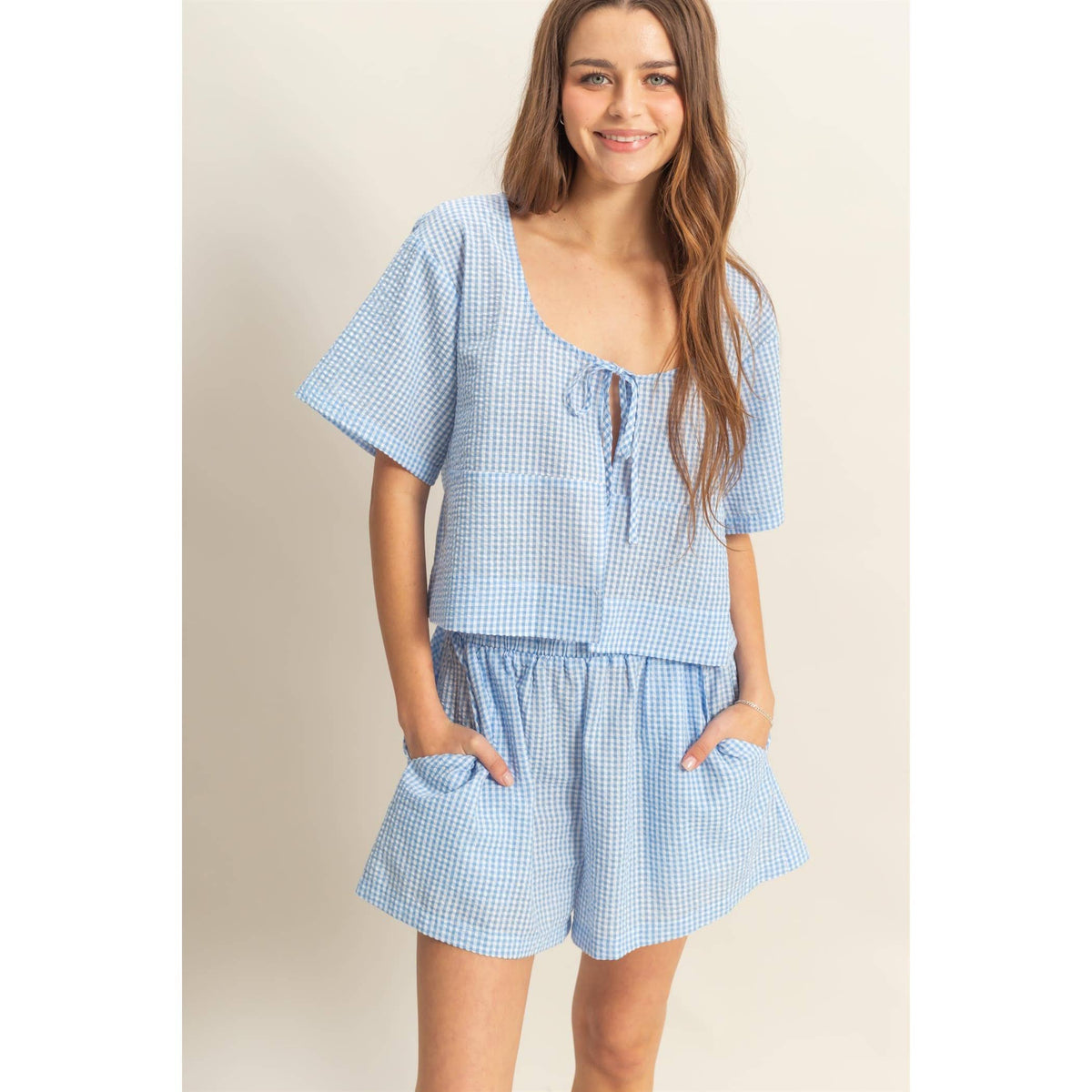 Gingham Front Tie Top and Shorts Set