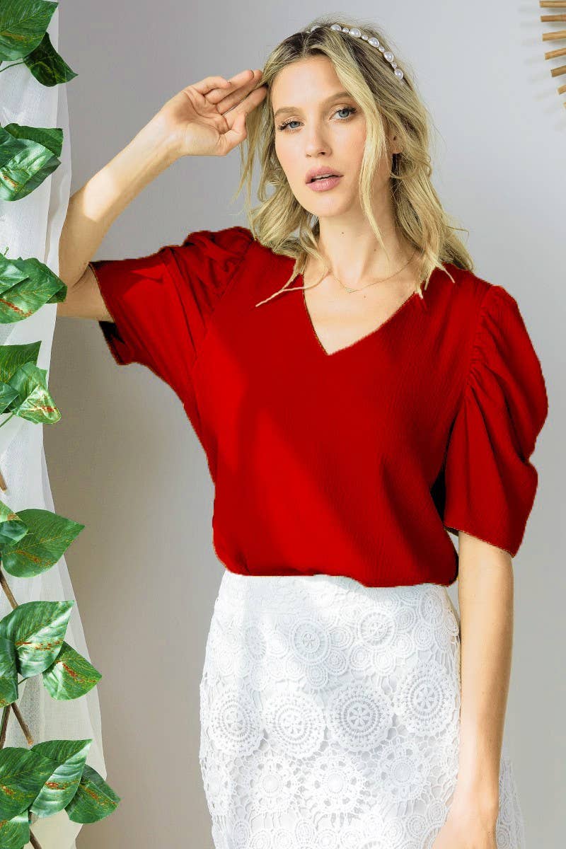 V-Neck Short Puff Sleeves Casual Blouse