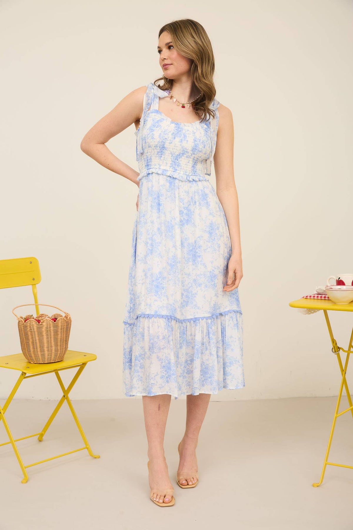 Blue Floral Sweetheart Midi Dress