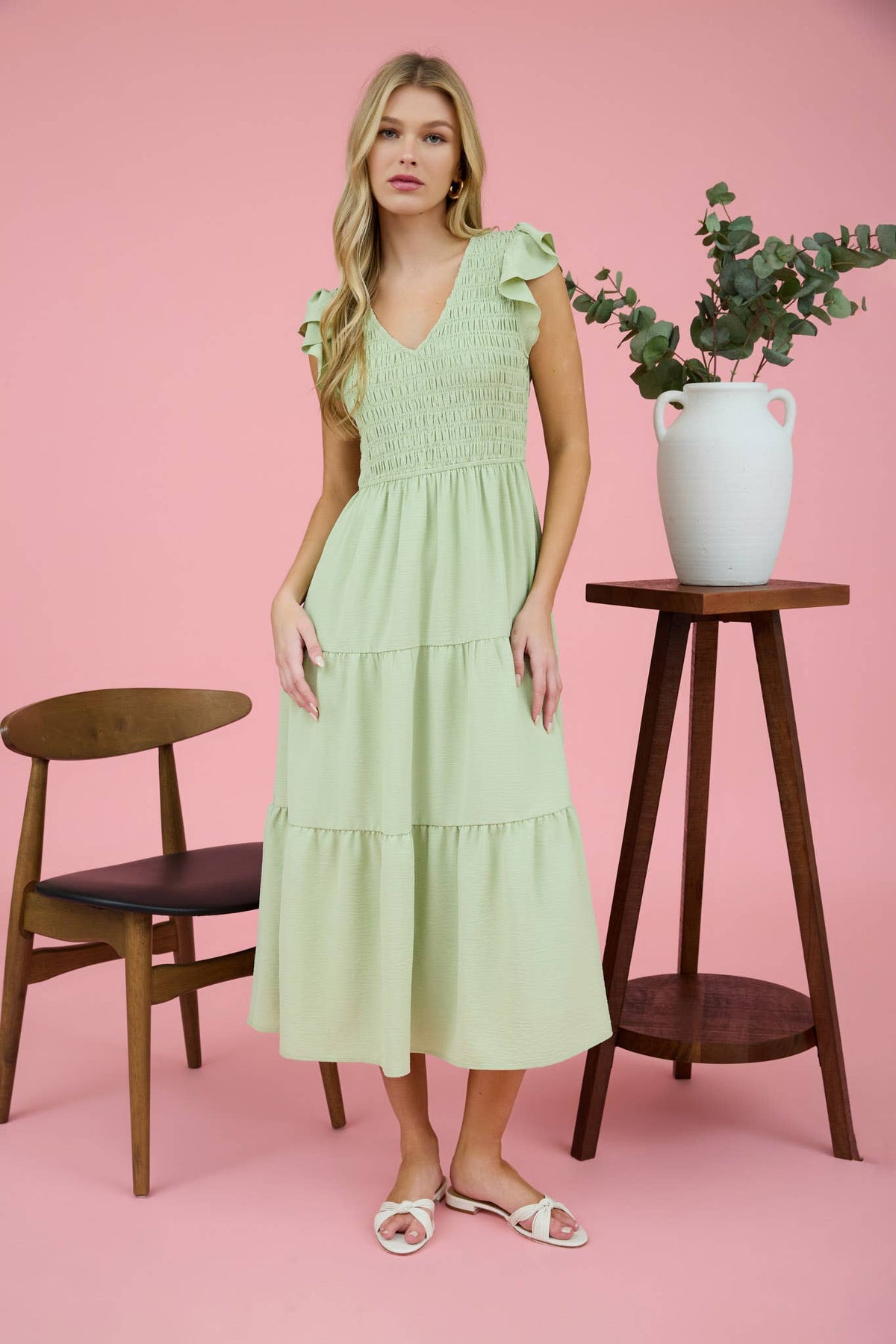 Smocked Flutter Sleeve Midi