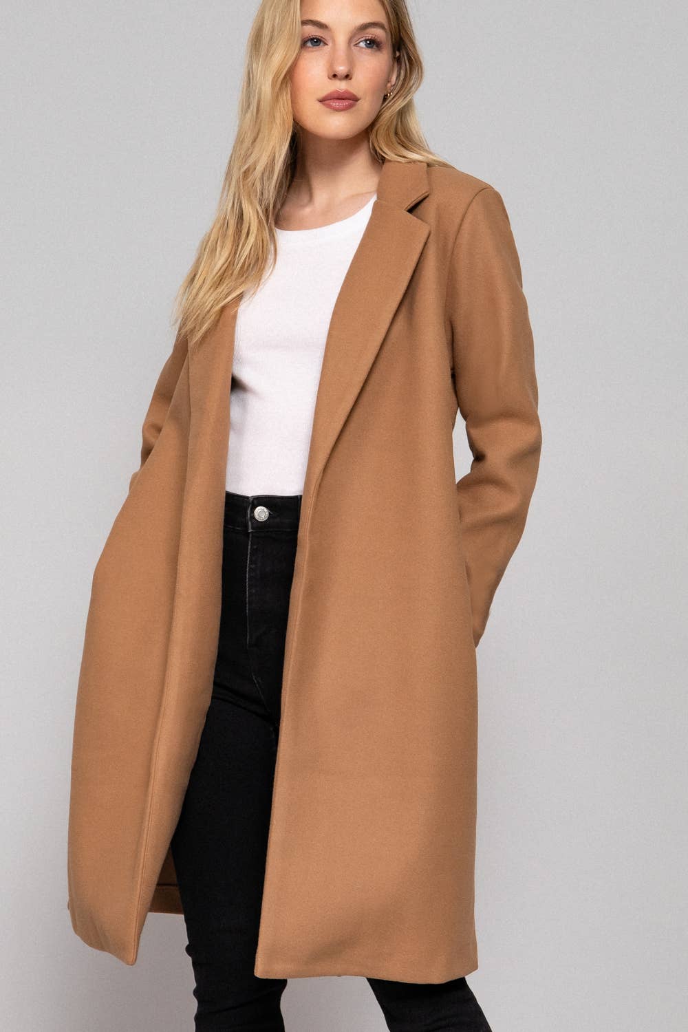 Camel Open Front Long Coat