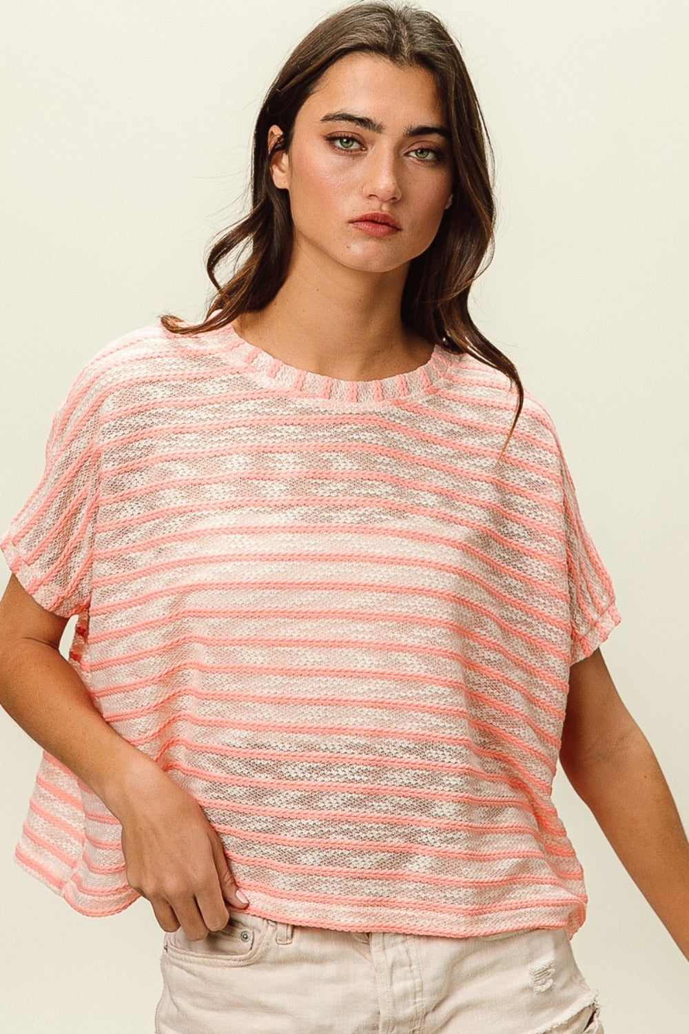 Braid Striped Short Sleeve Round Neck T-Shirt