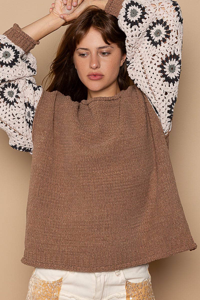 Crochet Sleeve Chenille Sweater