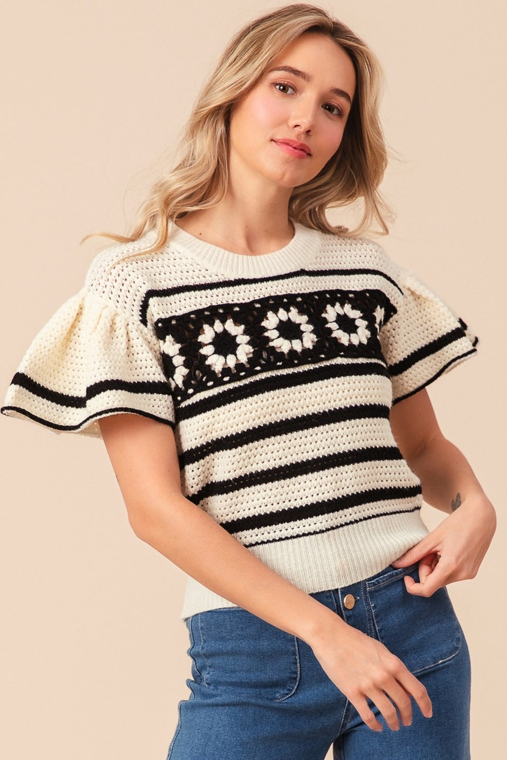 Floral Square Short Sleeve Striped Sweater