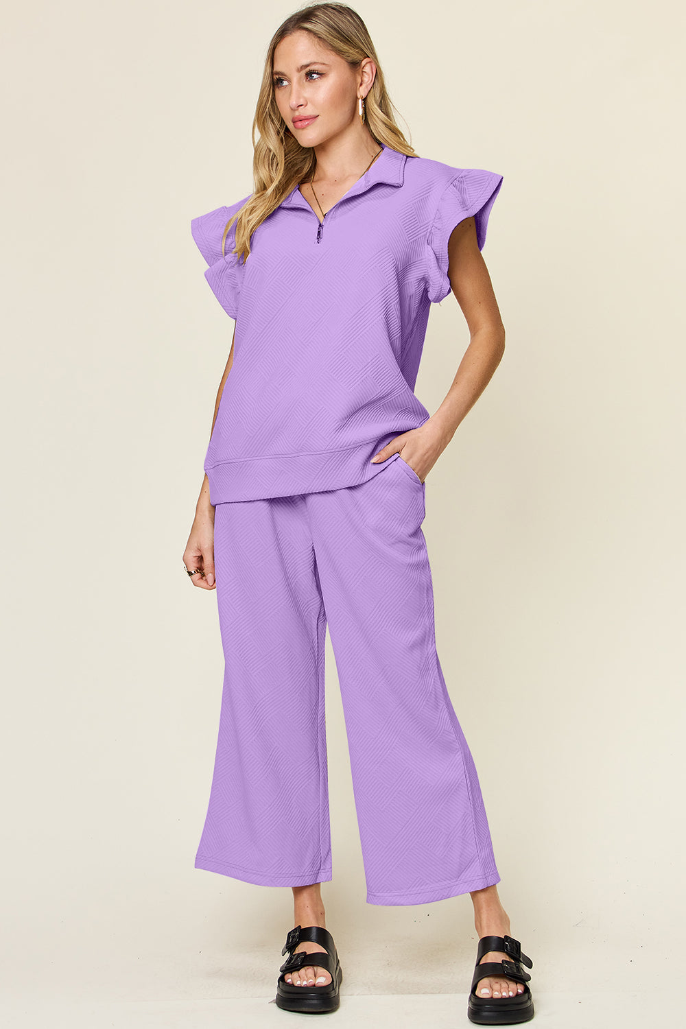 Texture Ruffle Short Sleeve Top and Drawstring Wide Leg