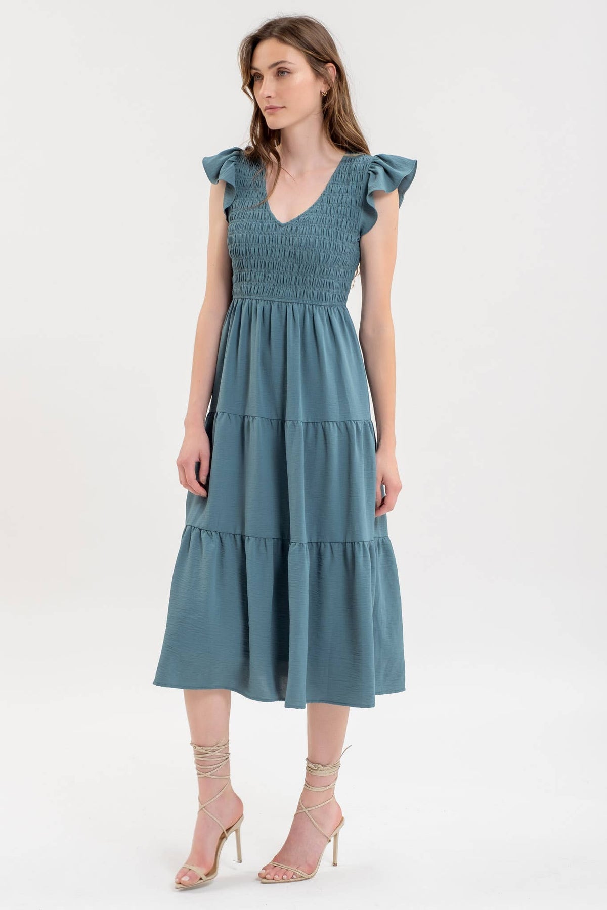 Teal Flutter Sleeve Dress(Plus)