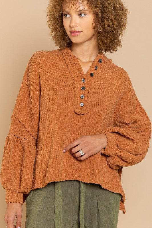 Button Down Chenille Sweater Hoodie