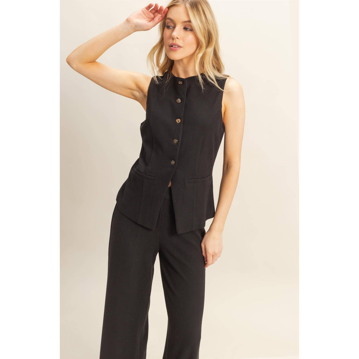 Ribbed Knit Buttoned Vest And Wide-Leg Pants Set