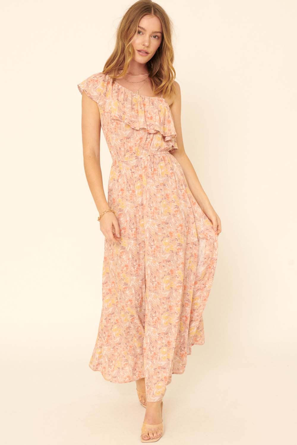 Floral One Shoulder Ruffle Maxi Dress