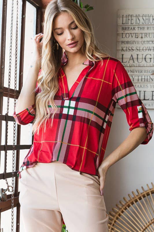 Merry Red Plaid Knit Top