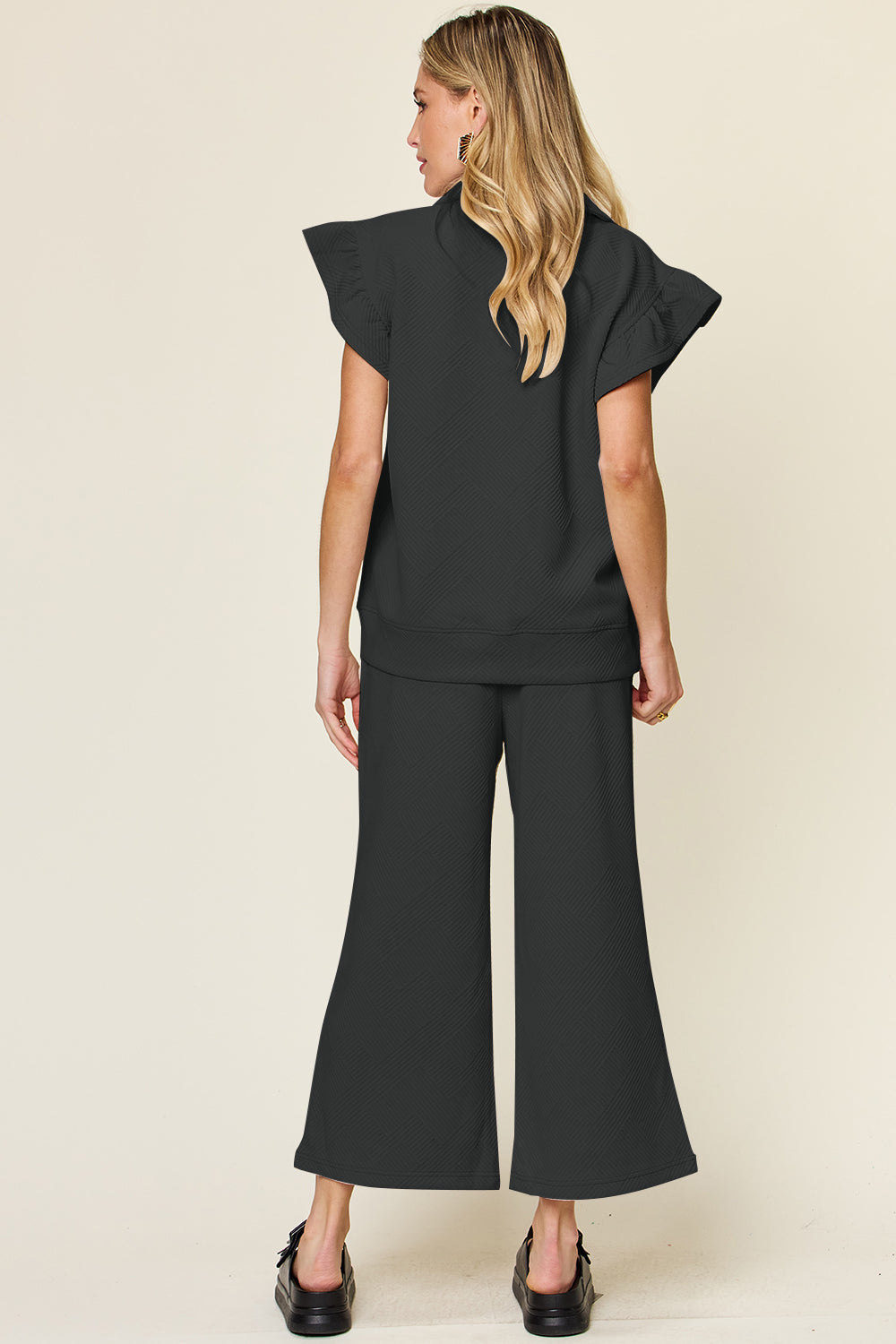 Texture Ruffle Short Sleeve Top and Drawstring Wide Leg