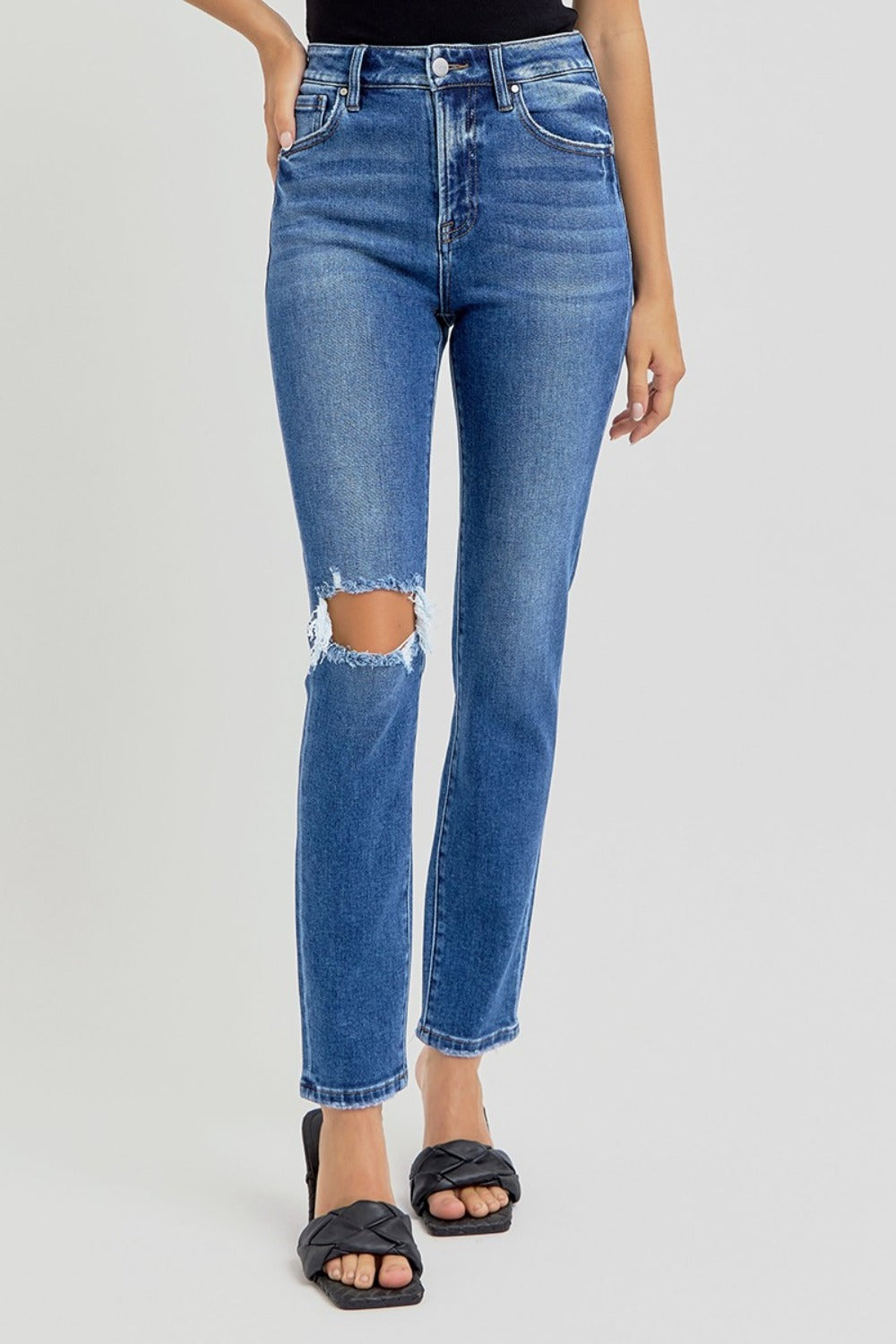 RISEN High Rise Ankle Skinny Knee Distressed Jeans