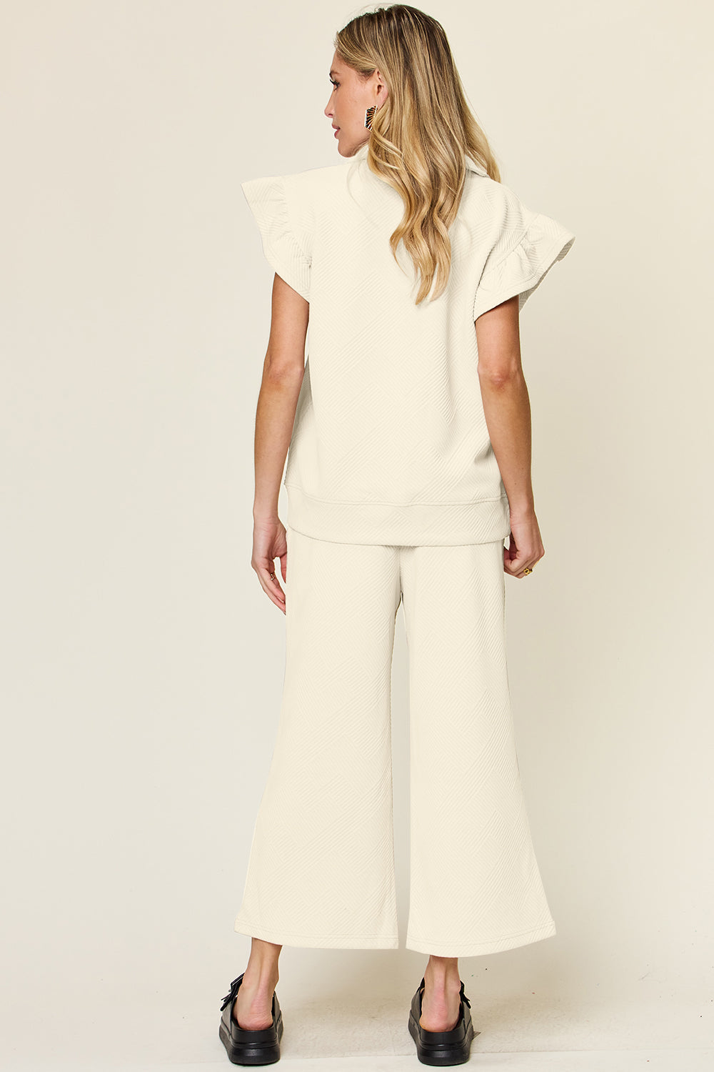 Texture Ruffle Short Sleeve Top and Drawstring Wide Leg