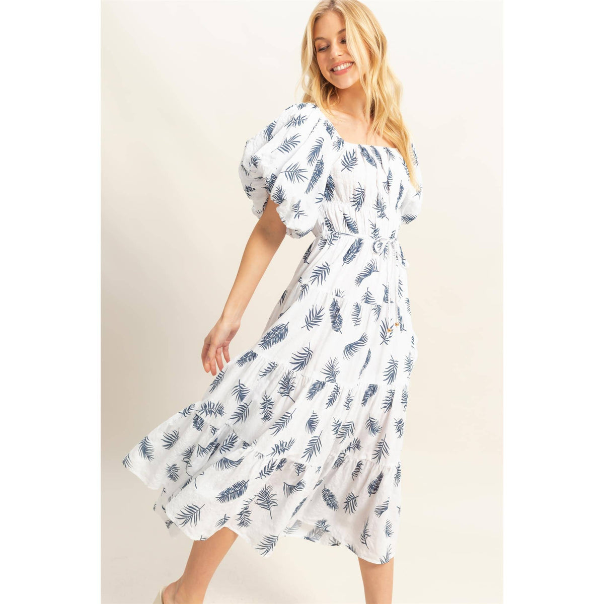 Leaf Print Puff Sleeve Tiered Midi Dress