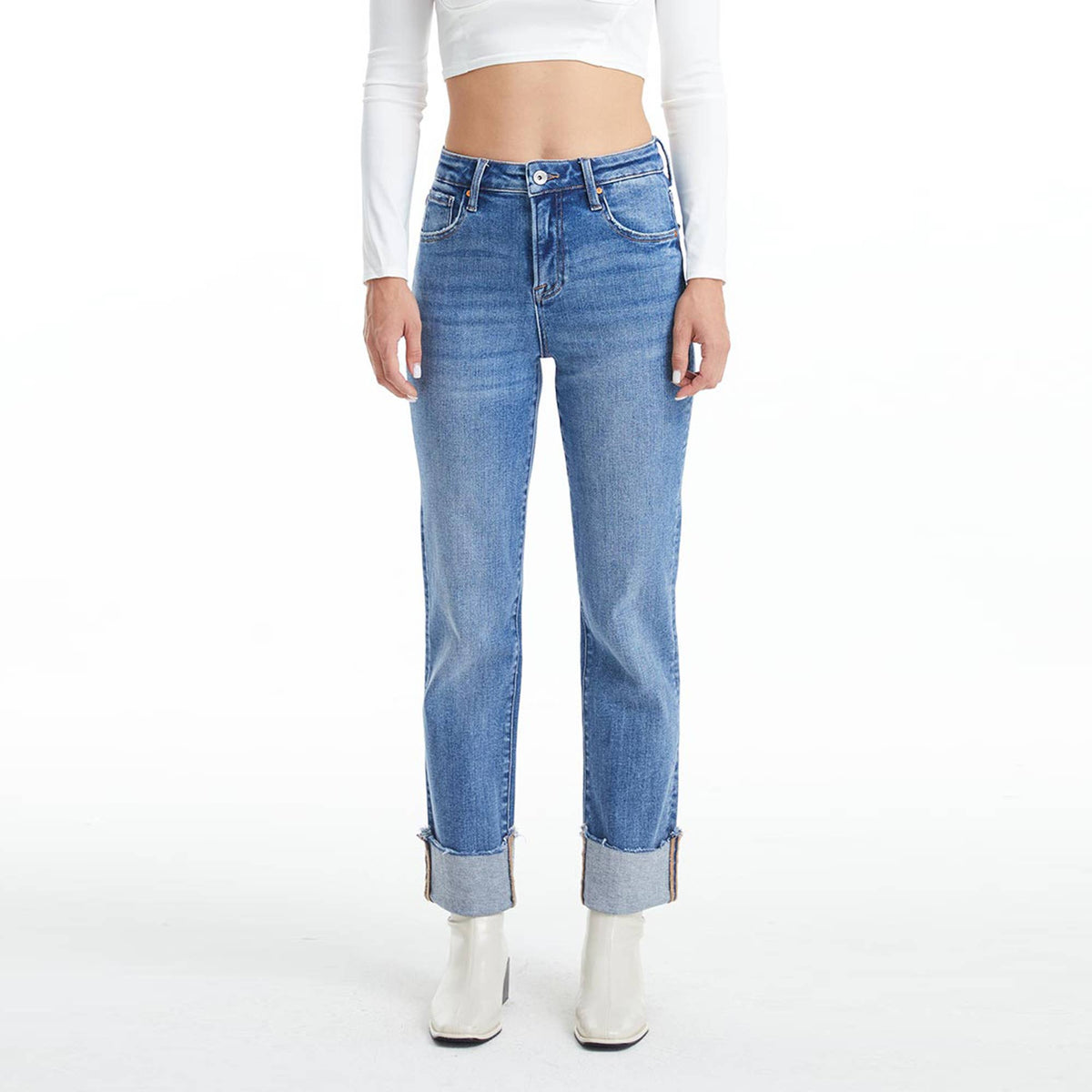 High Rise Rolled Hem Straight Jeans