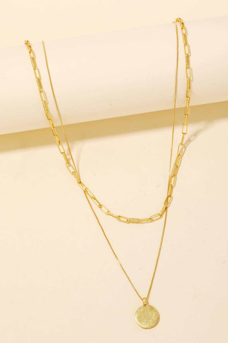 Gold Dipped Coin Pendant Layered Chain Link Necklace