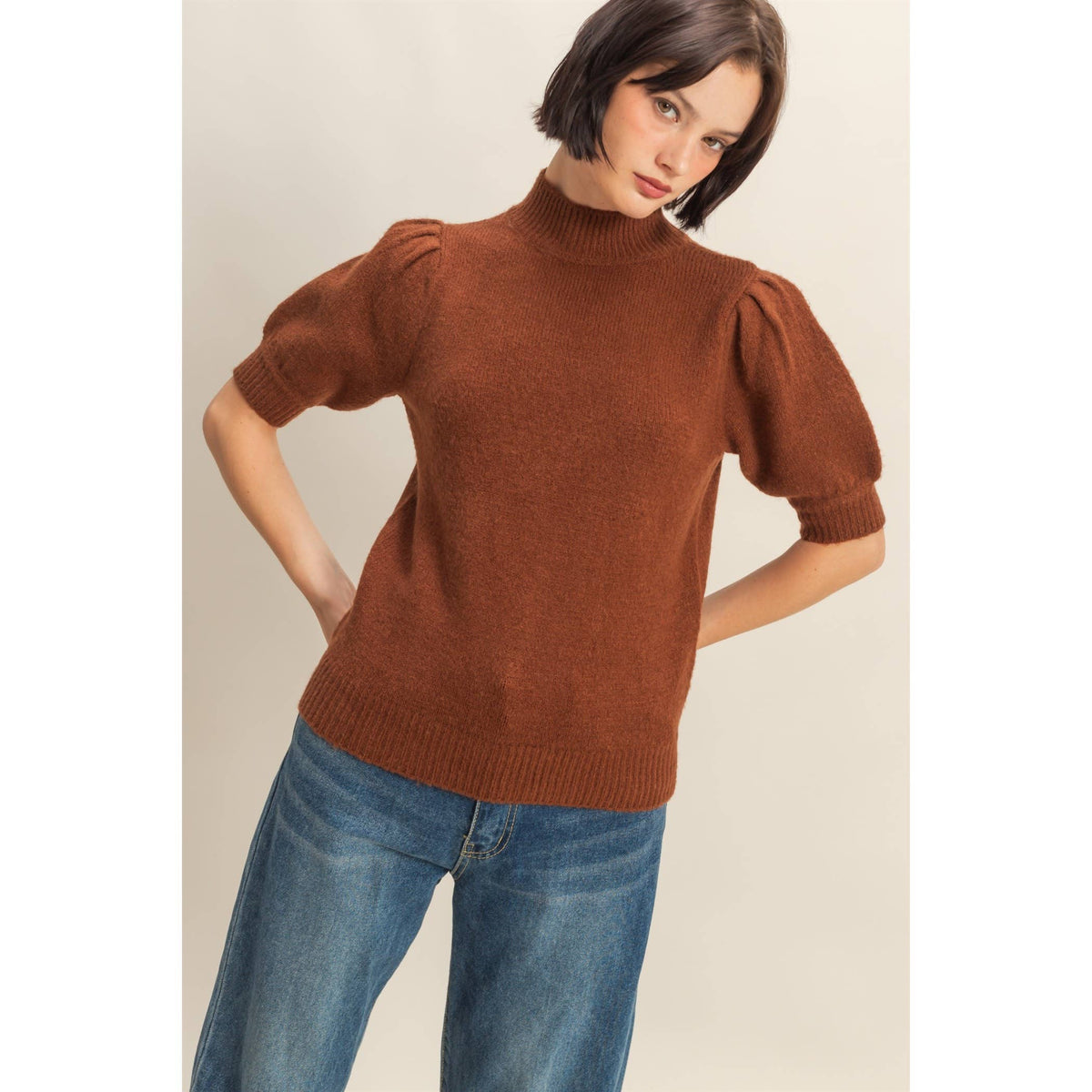 Short-Sleeve Ribbed Sweater With Puff Sleeves