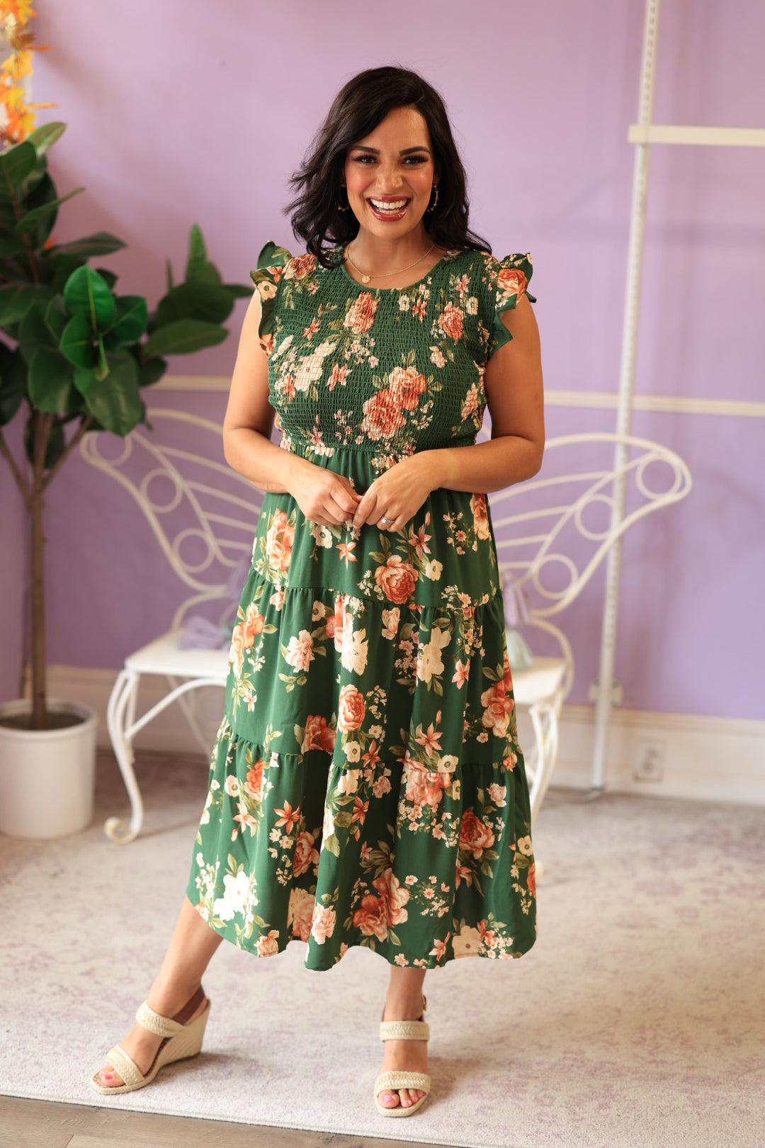 Smocked Floral Midi Dress