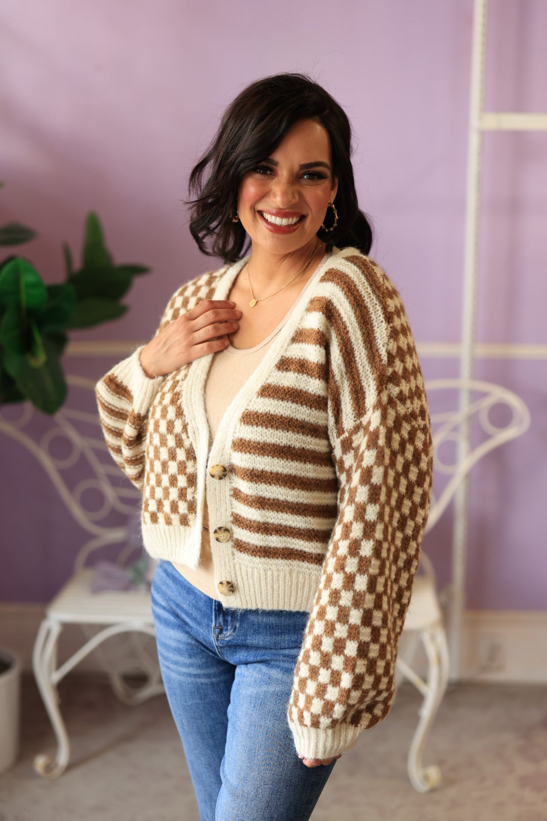 Checkered Open Cardigan