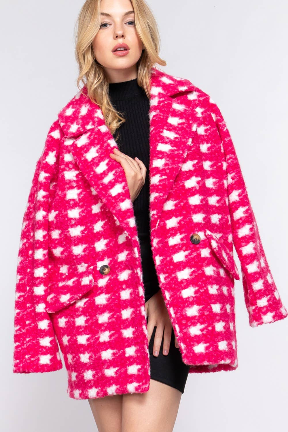Hot Pink Check Print Fleece Coat