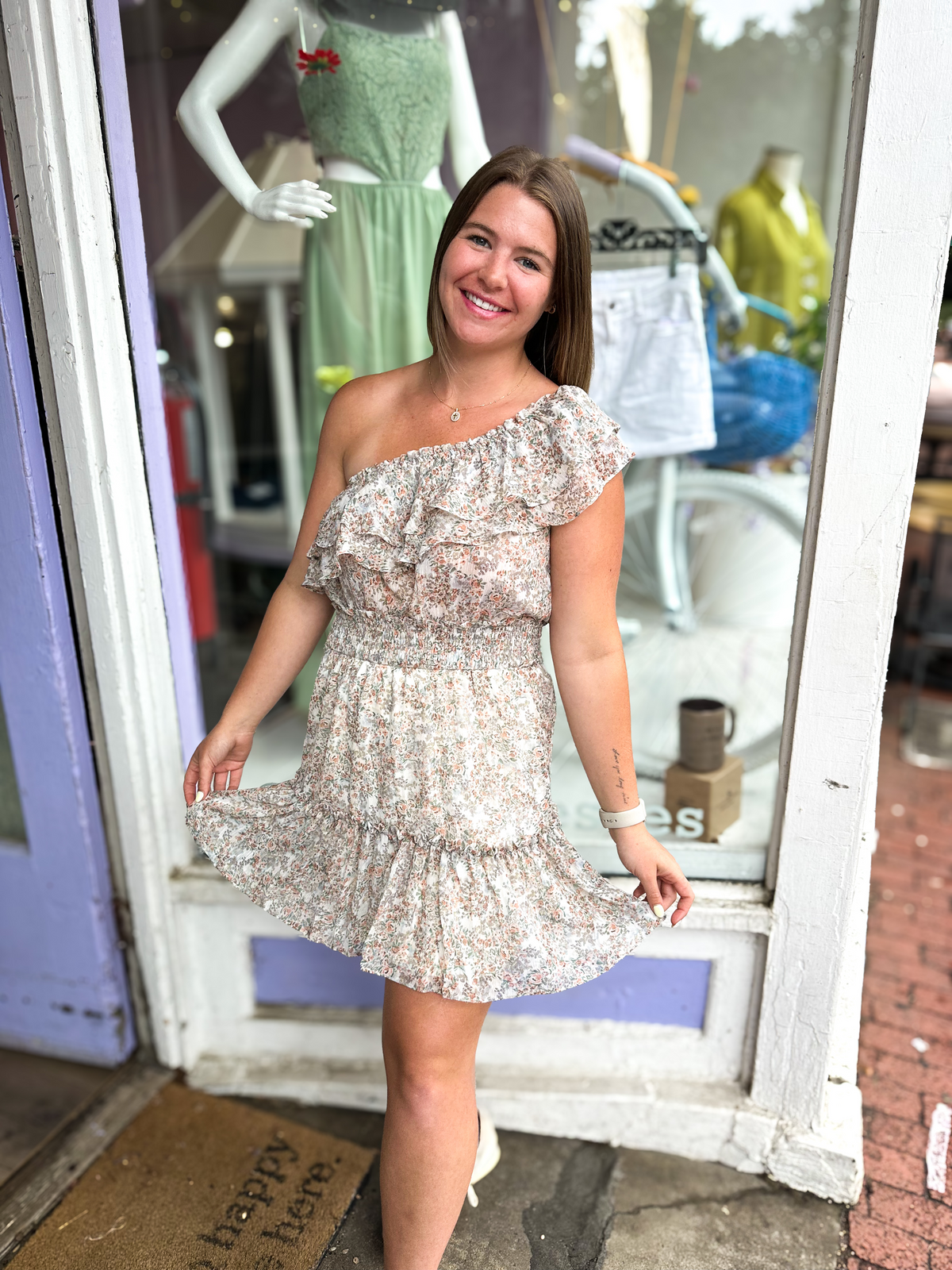 Floral One Shoulder Ruffle Mini Dress