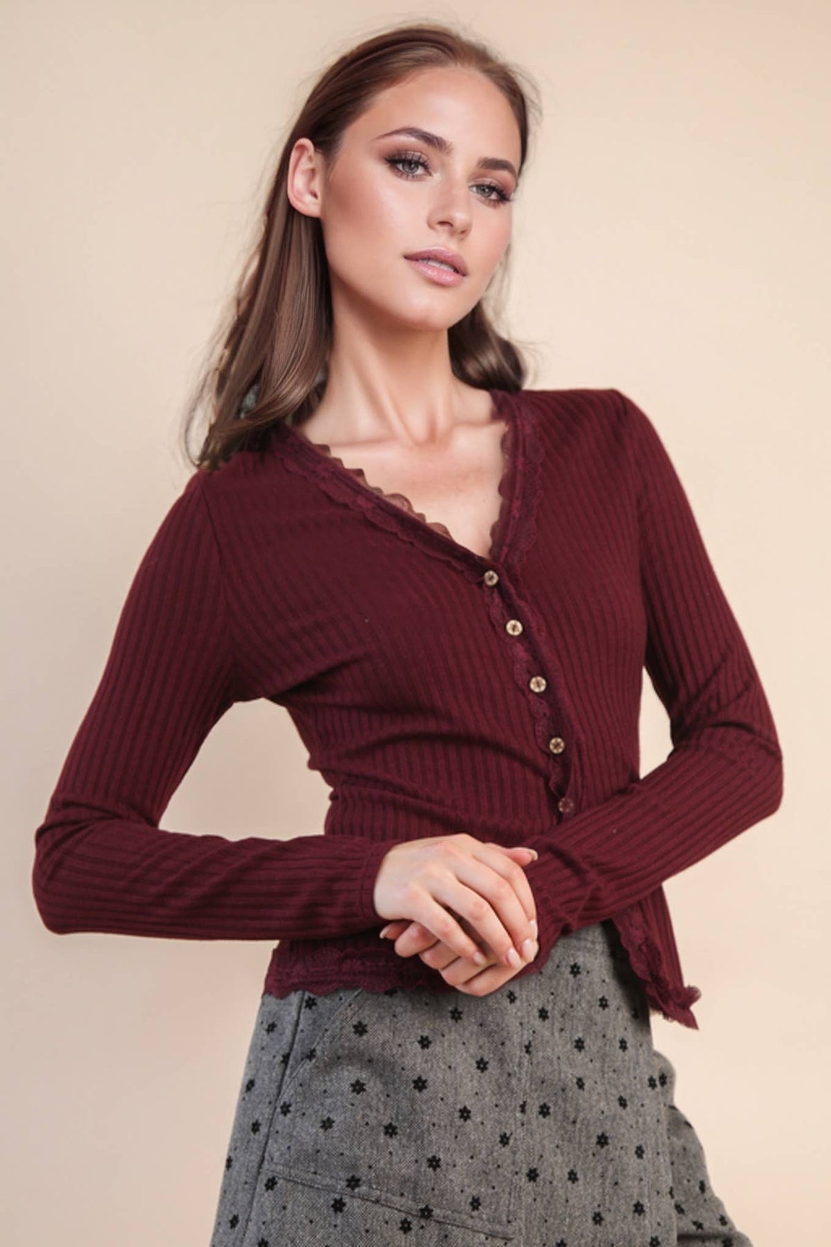Button Down Lace Trim Fitted Knit Top
