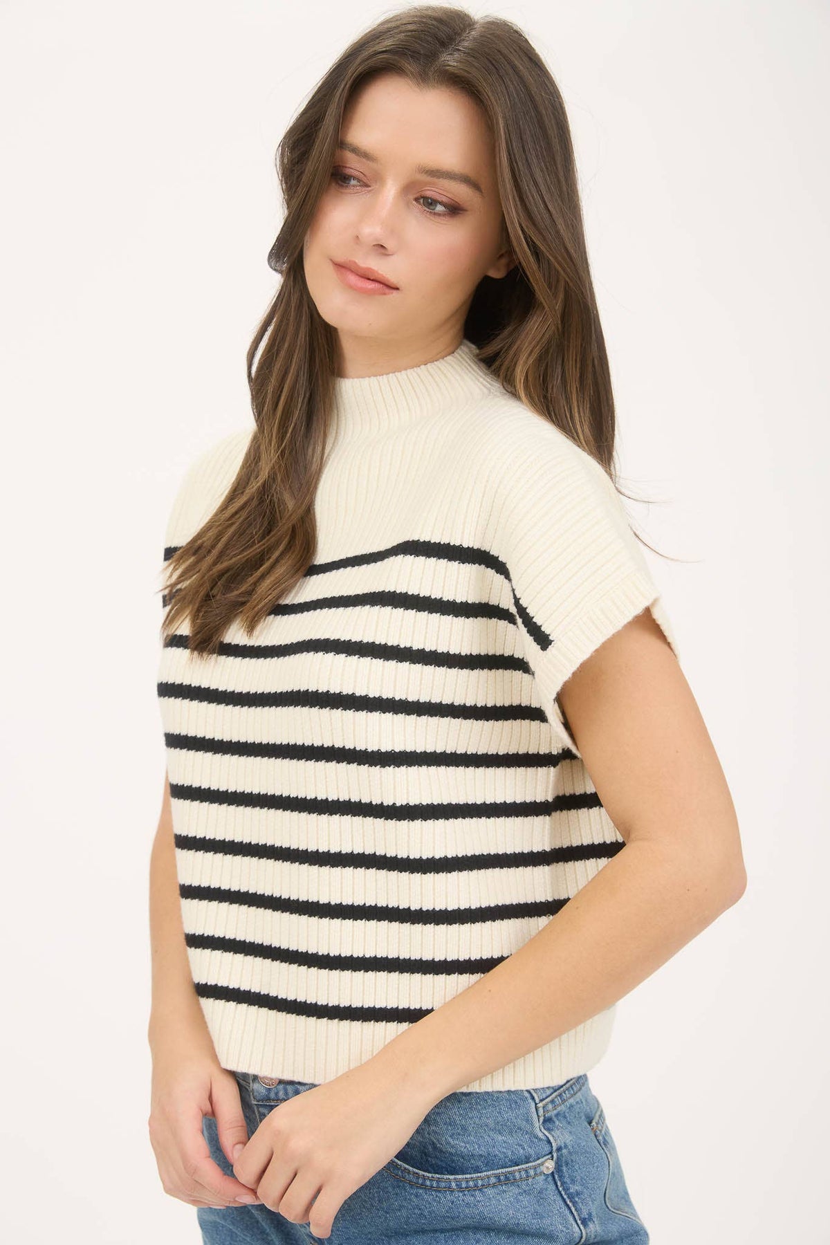 Ivory Stripe Knit Mock Sweater Top
