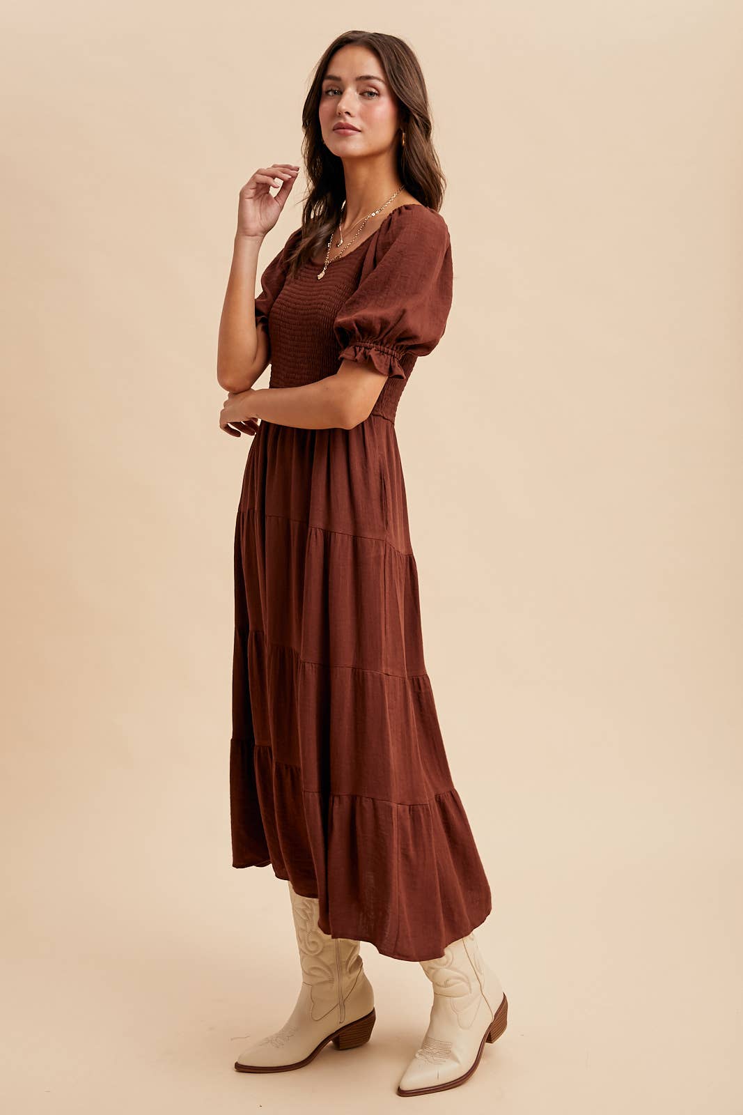 Chestnut Smocked Midi Dres