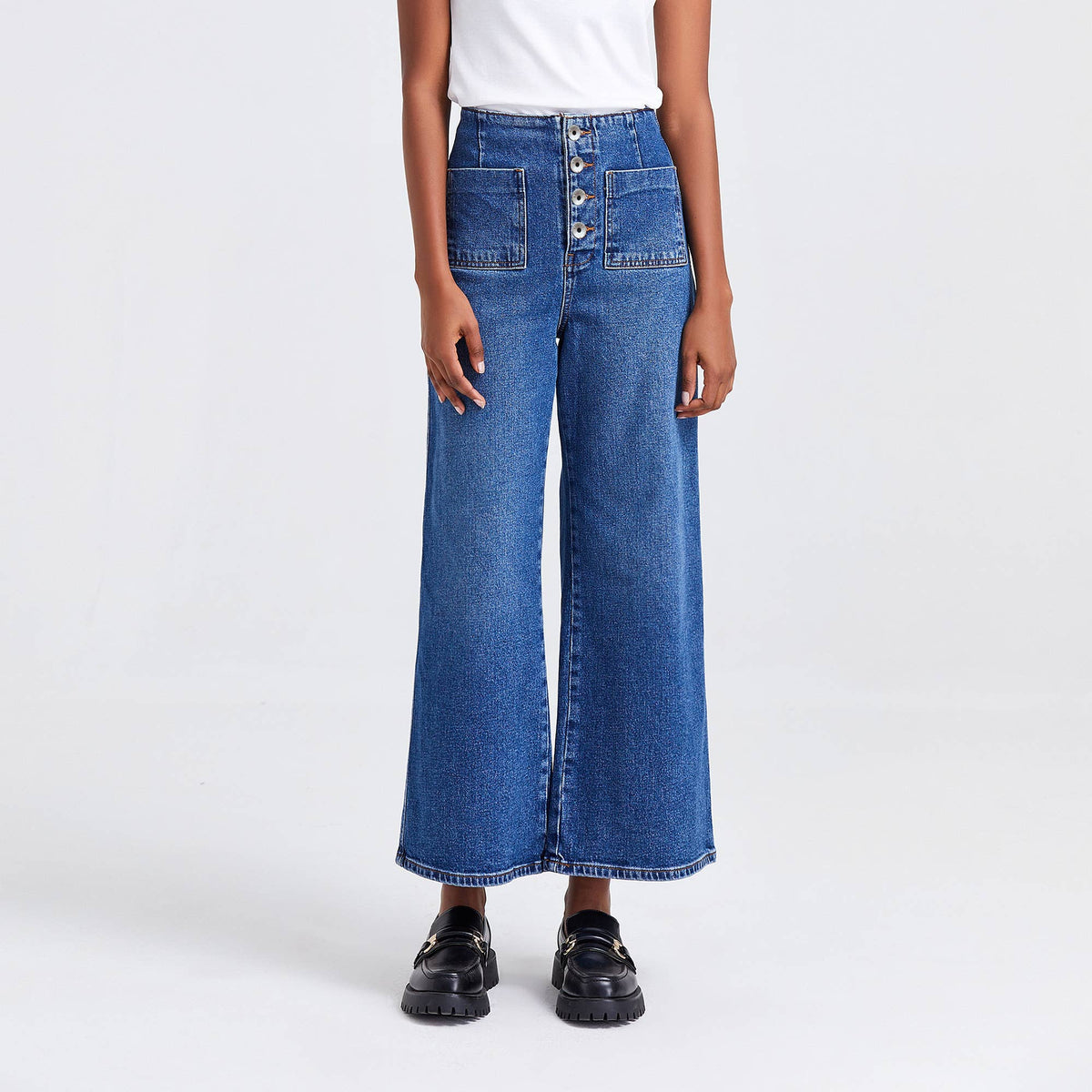 High Rise Button Fly Wide Leg Jeans