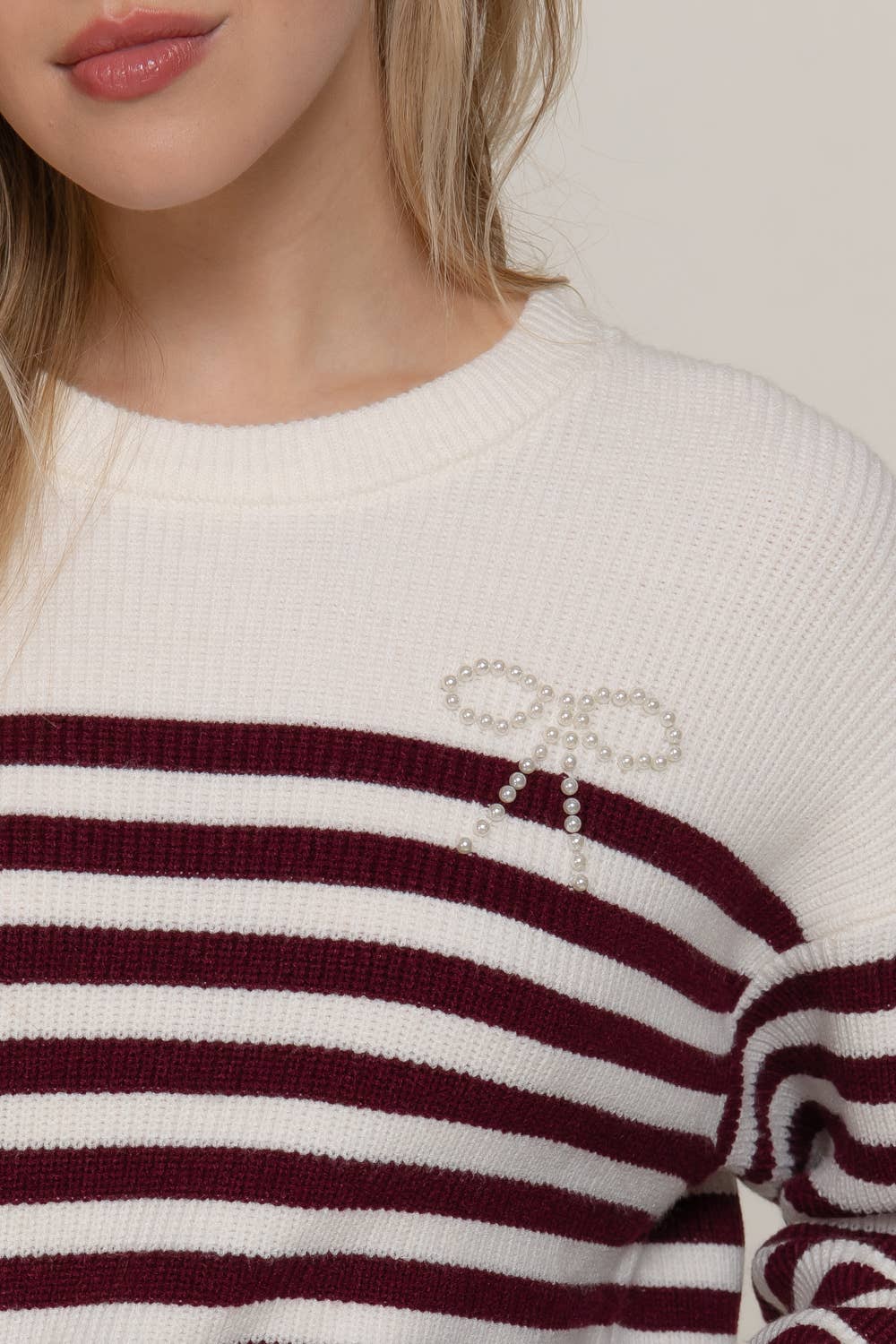 Long Sleeve Round Neck Pearl Bow Detail Stripe Sweater