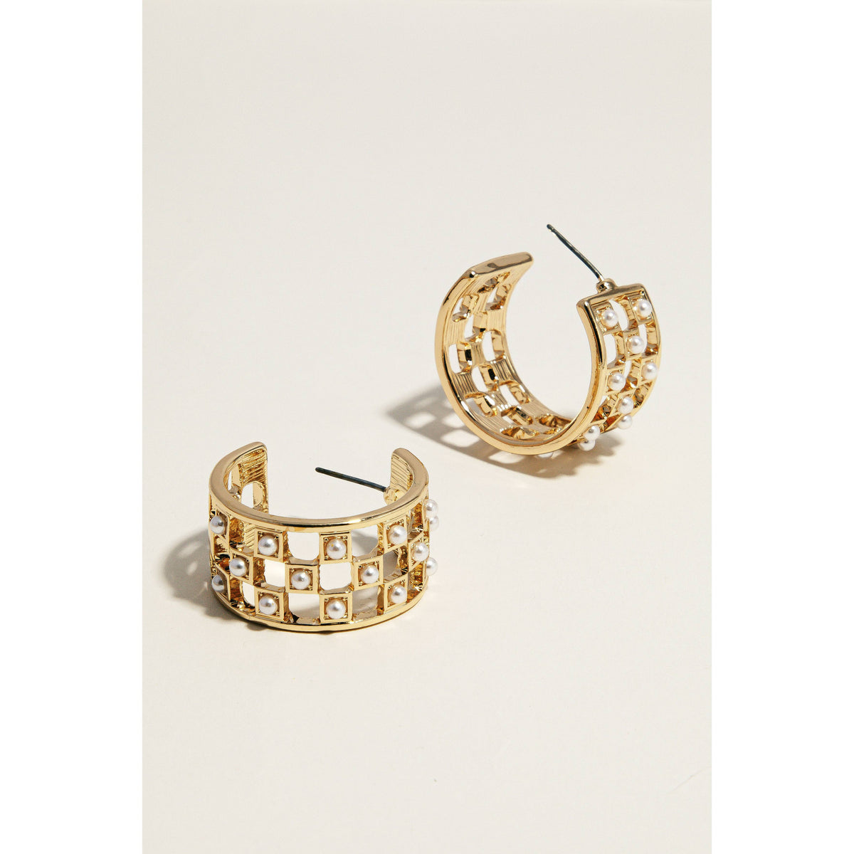 Pearl Stud Checkered Wide Hoop Earrings