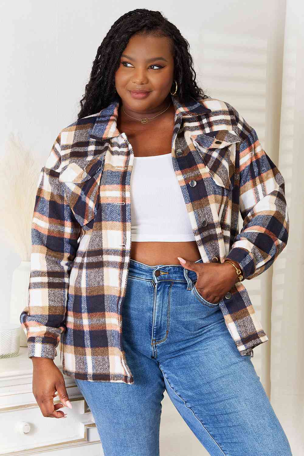 Plaid Button Front Jacket with Pockets